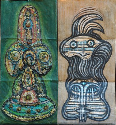 NF 728 
Recto : collage papier froissé, coquille de noix, pomme de pin, lichen, mousse, bois
Verso : dessin encre noire, craie blanche par FILLAUDEAU Noël